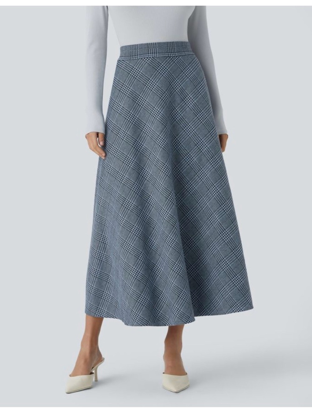 Halara High Waisted Pocket Grey Houndstooth Plaid Flare Midi Casual Skirt
